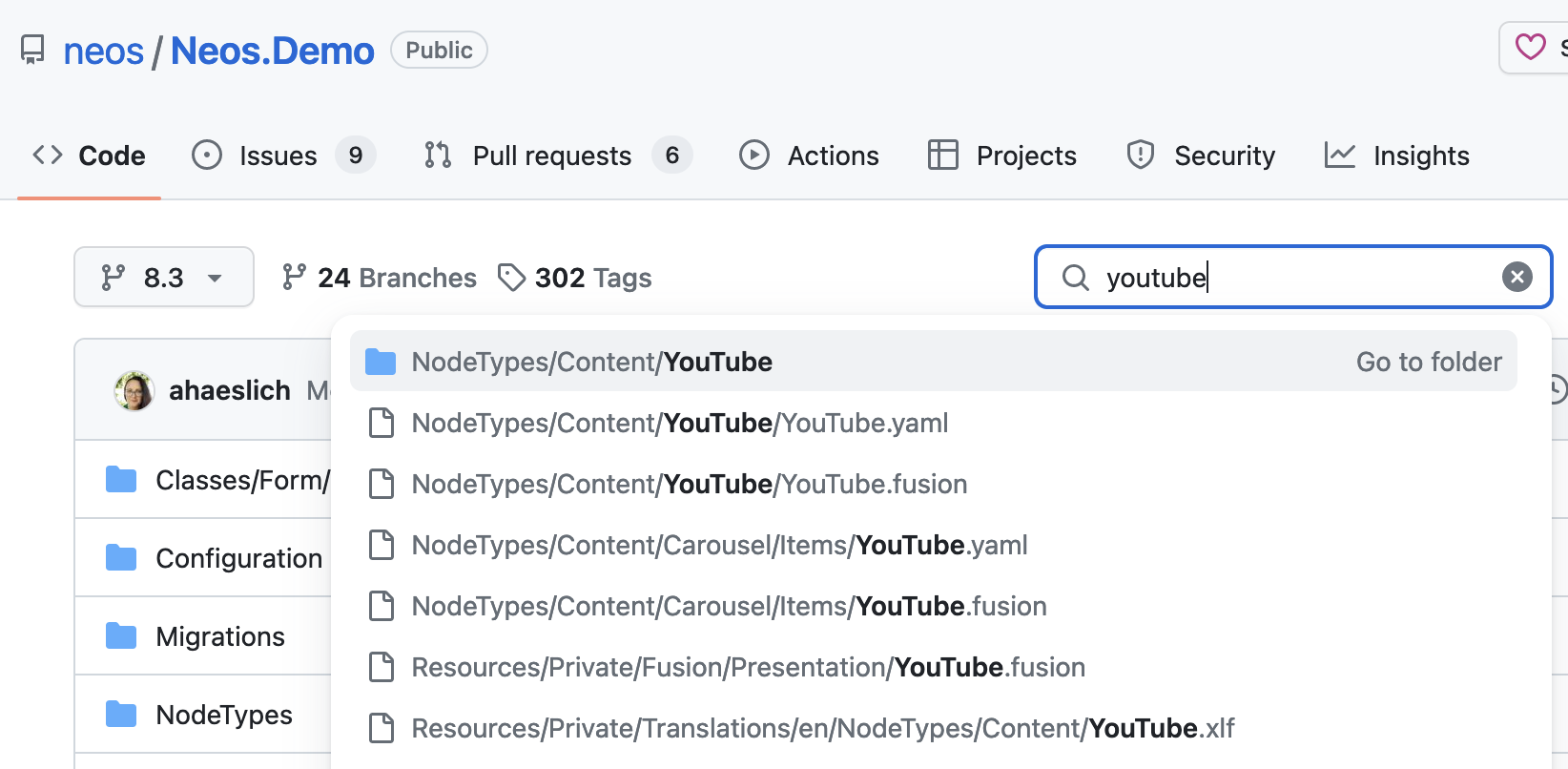 Screenshot of Neos.Demo Github Repository with search results for the term youtube